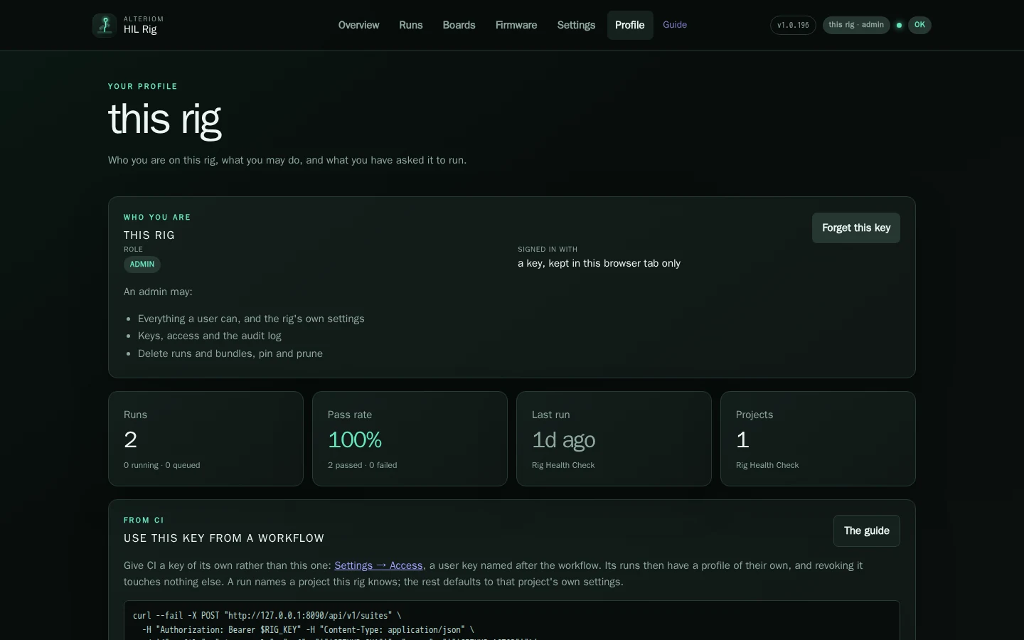 Your own profile: your role and what it allows, your runs, and how to run a suite from CI