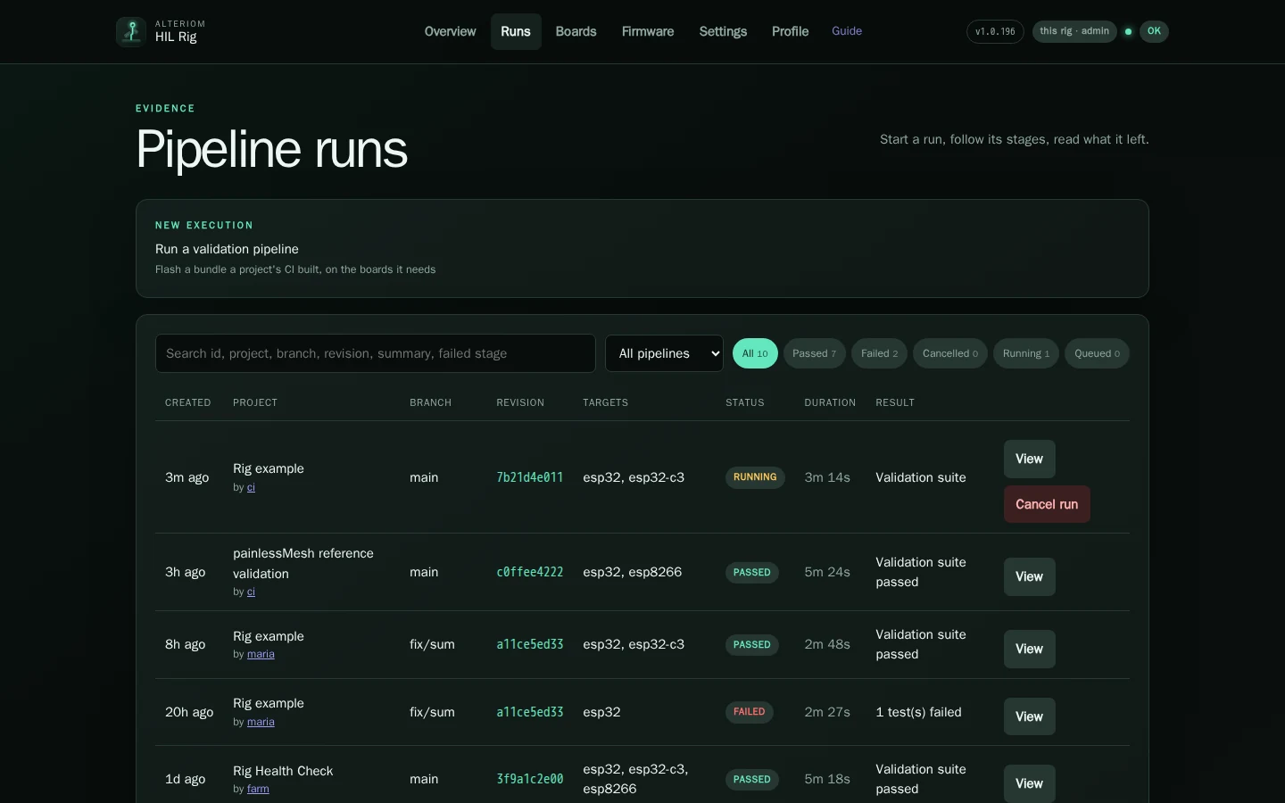 The Runs page: a search box, filters by status, and a table of runs with who asked for each