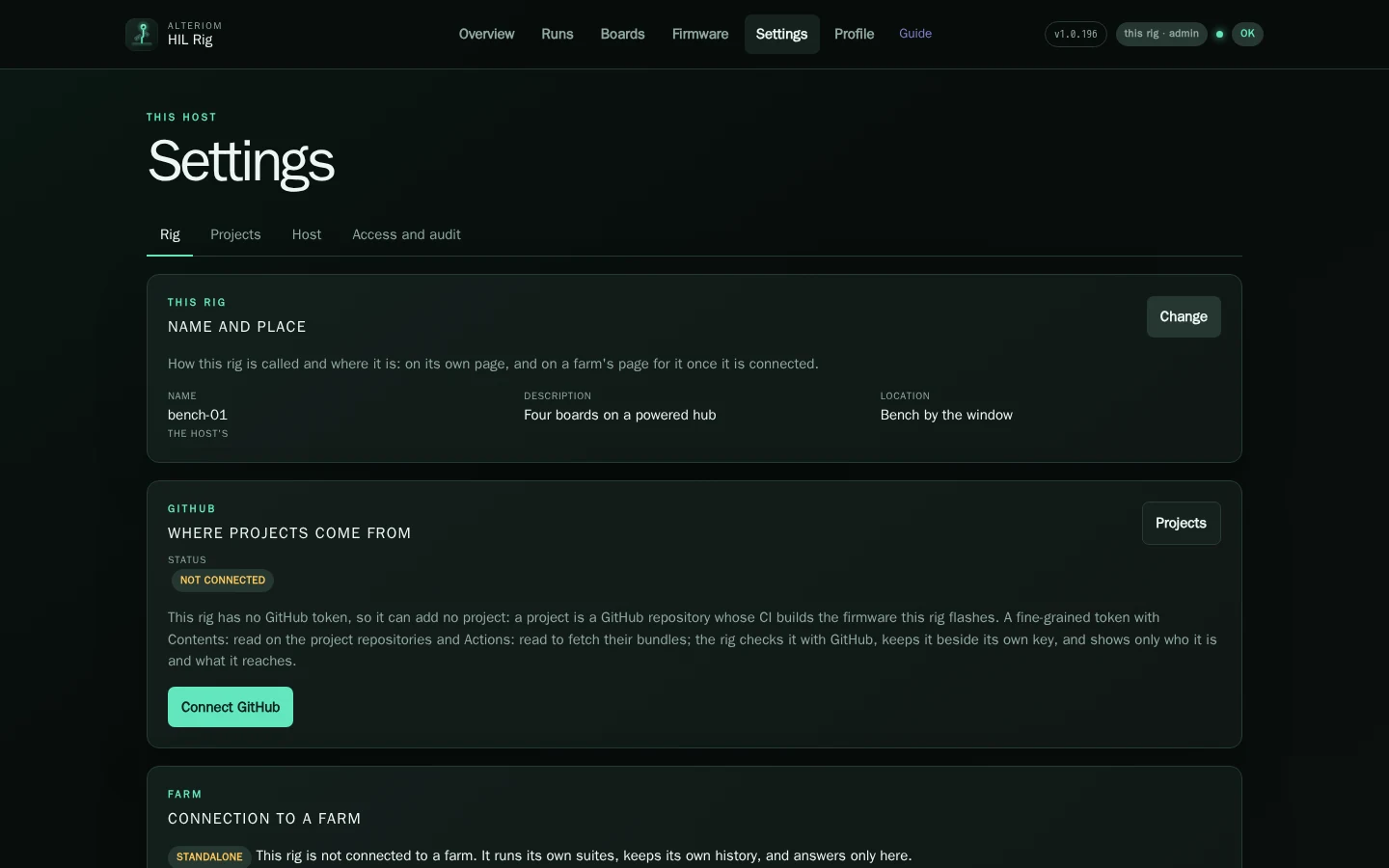 Settings, Rig page